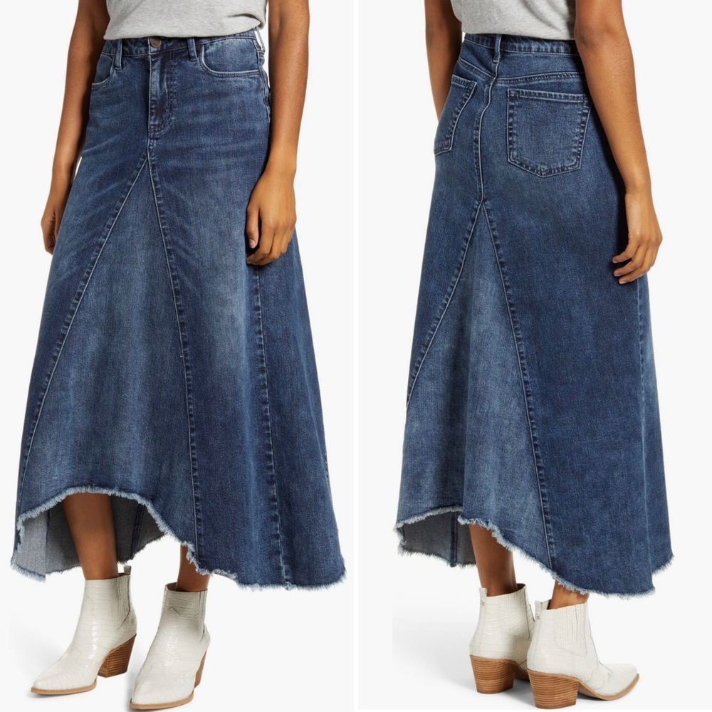 WASH LAB Cotton Medium-Dark Wash Asymmetrical Frayed Hem Denim Modest Skirt Sz L